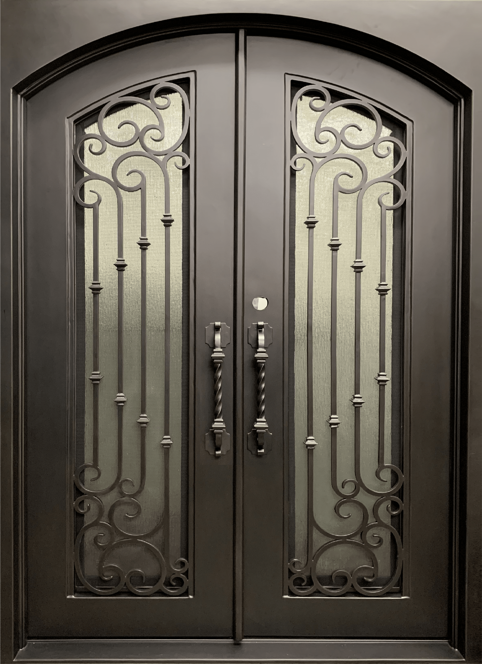 arched iron doors with glass panels
