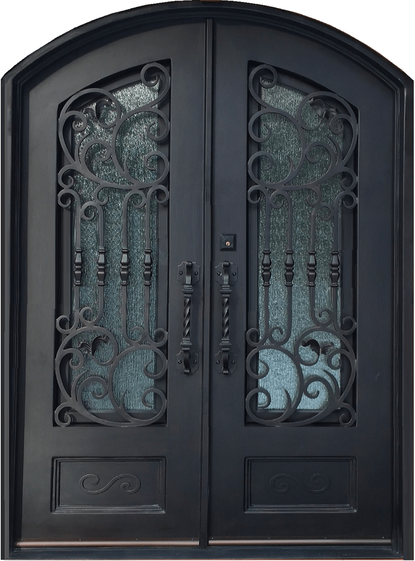 MAPLE- eyebrow top, bottom panel, bug screens wrought iron doors-61x81 Right Hand - Luxe Iron Doors 