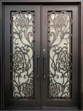 ROSE- flat top iron, frosted tempered glass,bug screens, front entry wrought iron doors-72x96 Right Hand - Door Gate Depot