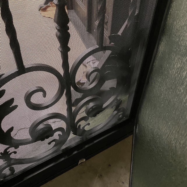 BELLADONNA- square top , inside arch, transom, bug screens, wrought iron doors- 72x96 Right Hand - Door Gate Depot