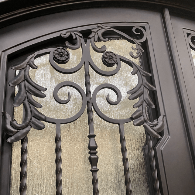BELLADONNA- square top , inside arch, transom, bug screens, wrought iron doors- 72x96 Right Hand - Door Gate Depot