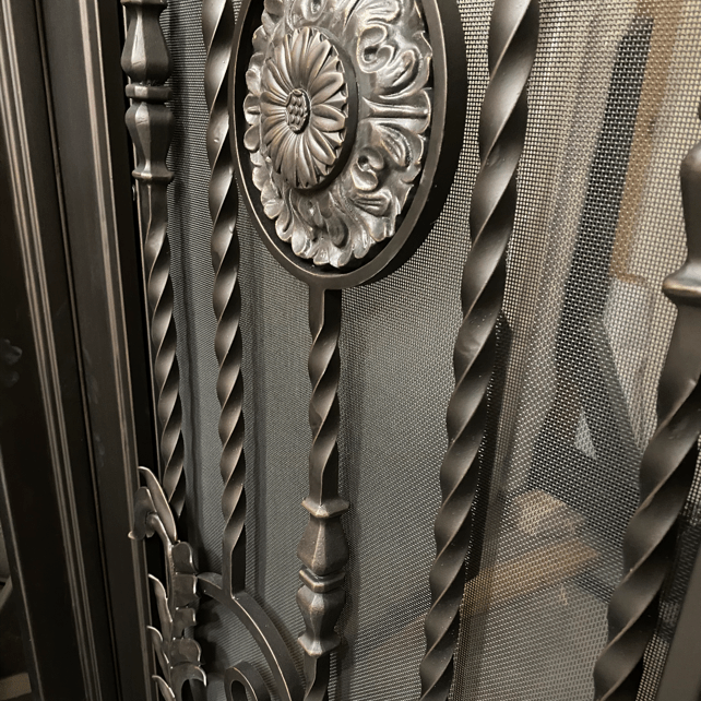 BELLADONNA- square top , inside arch, transom, bug screens, wrought iron doors- 72x96 Right Hand - Door Gate Depot
