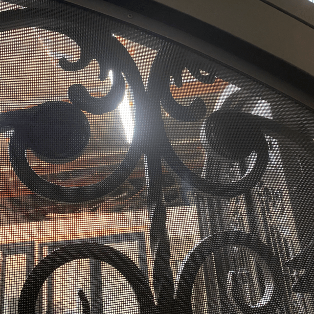 BELLADONNA- square top , inside arch, transom, bug screens, wrought iron doors- 72x96 Right Hand - Door Gate Depot