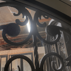 BELLADONNA- square top , inside arch, transom, bug screens, wrought iron doors- 72x96 Right Hand - Door Gate Depot