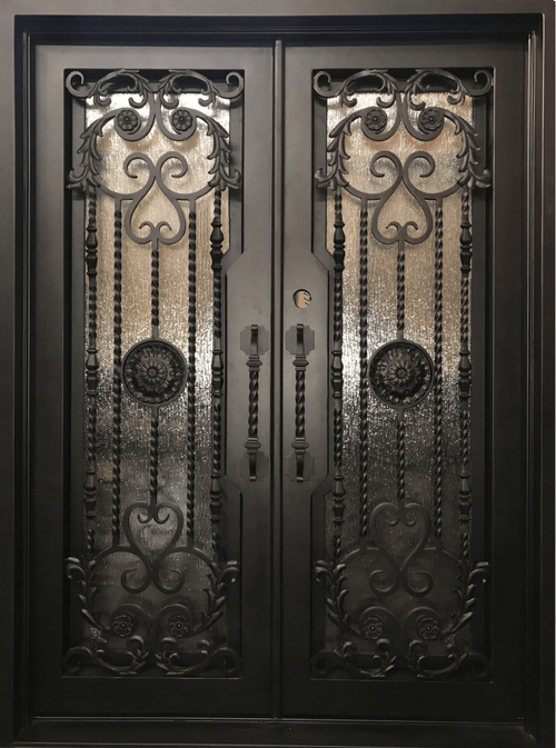 BEGONIA- square top front exterior door, bug screens, wrought iron doors- 72x96 Right Hand - Luxe Iron Doors 