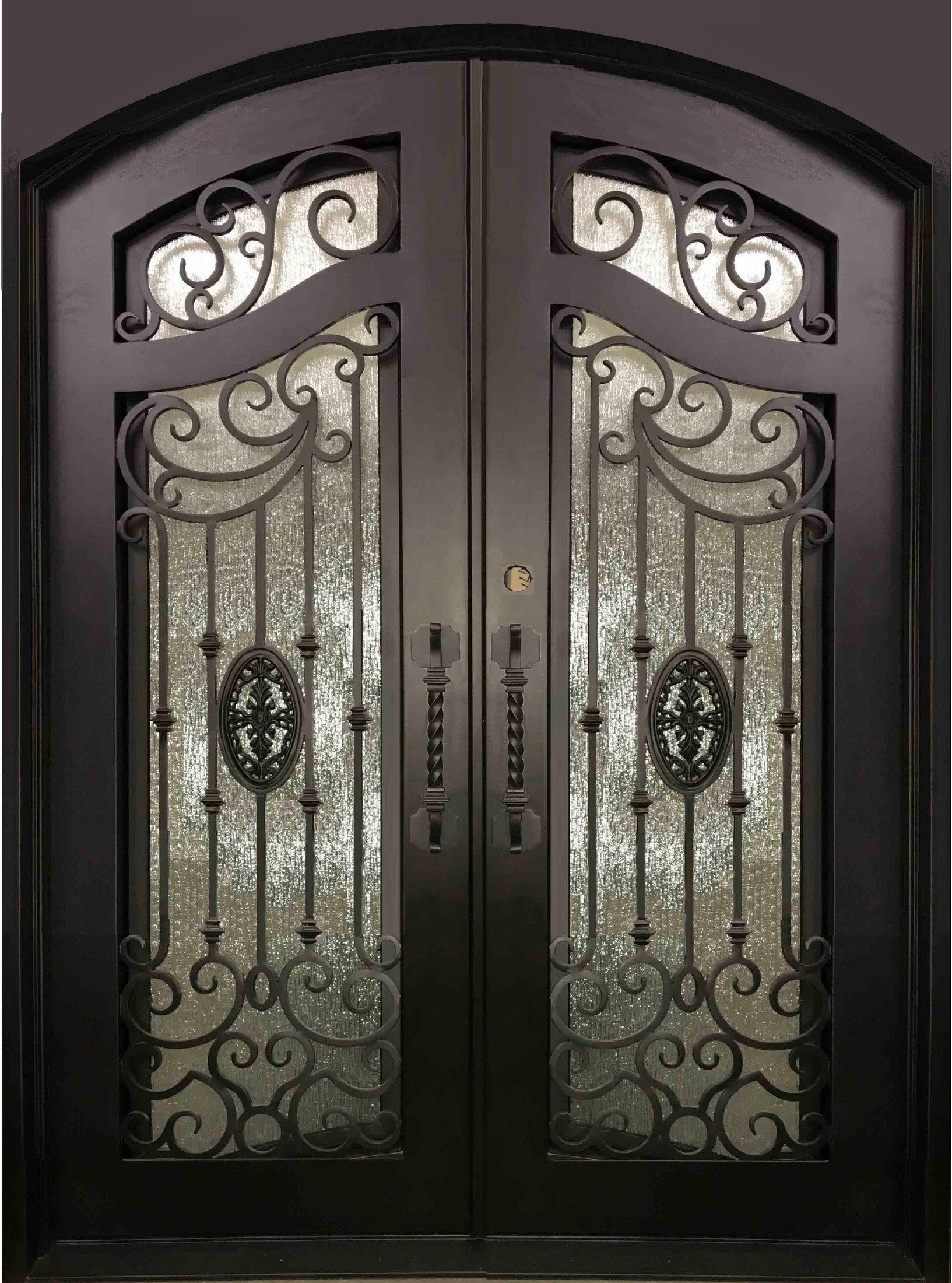 LILY- flat top , inside arch, dual pane operable tempered glass, bug screens, front entry wrought iron doors-72x96 Right Hand - Door Gate Depot