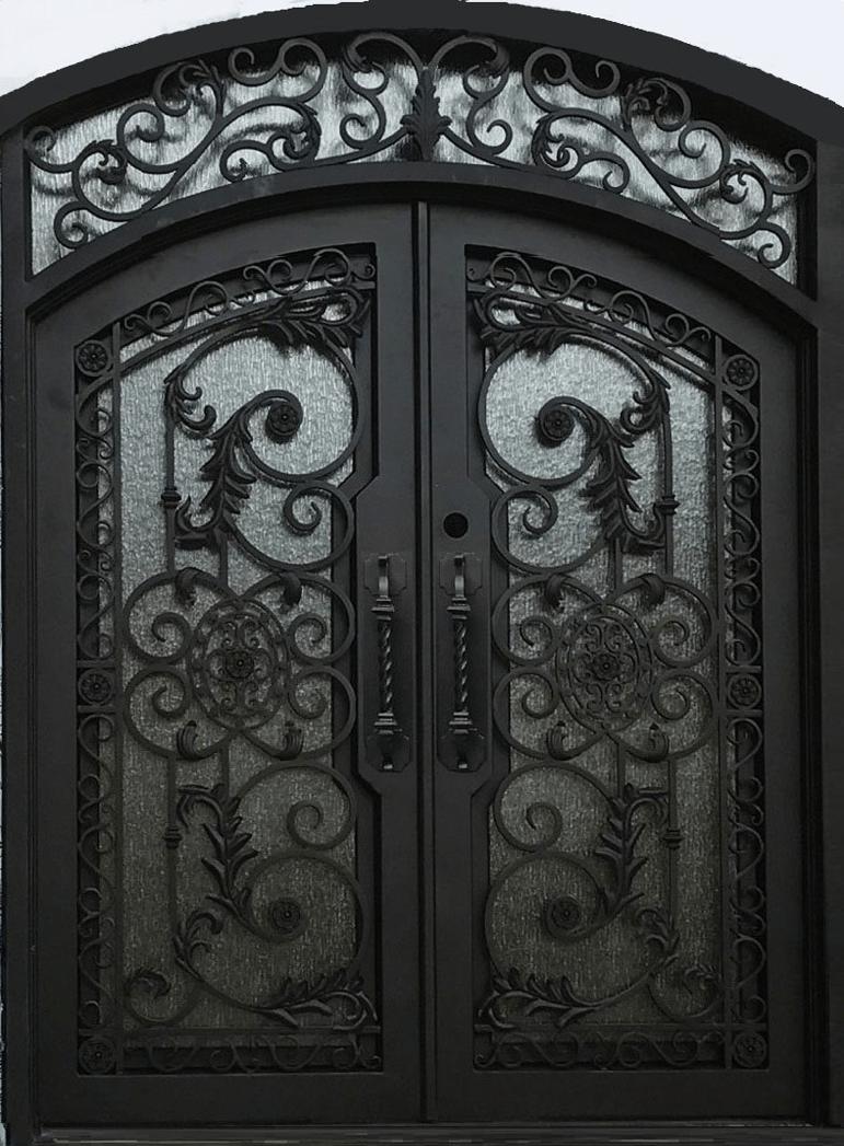 CARNATION- double arch top with transom, prehung, dual panel,removable bug screens,  wrought iron doors-72x96 Right Hand - Luxe Iron Doors 