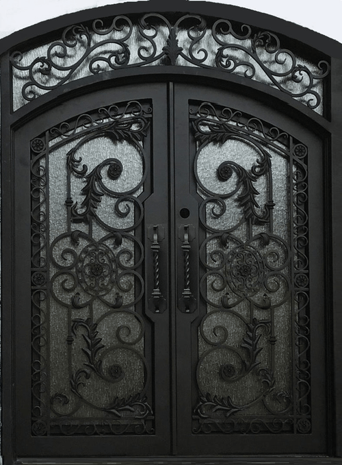 CARNATION- double arch top with transom, prehung, dual panel,removable bug screens,  wrought iron doors-72x96 Right Hand - Luxe Iron Doors 