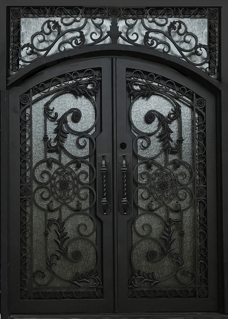 CARNATION- flat top transom, arch inside, prehung,double tempered glass,removable bug screens,  wrought iron doors-72x96 Right Hand - Door Gate Depot