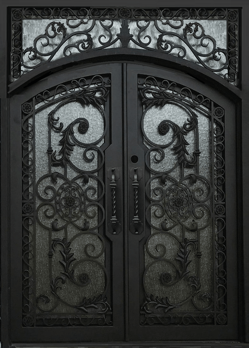 CARNATION- flat top transom, arch inside, prehung,double tempered glass,removable bug screens,  wrought iron doors-72x96 Right Hand - Door Gate Depot
