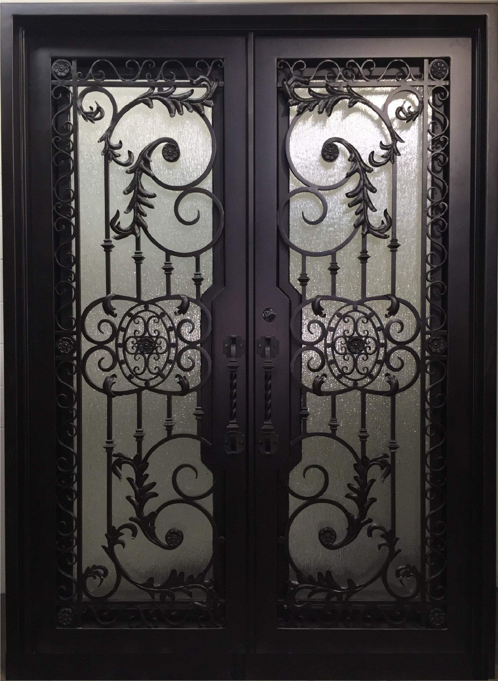 PEONY- flat top front entry, tempered insulated glass,bug screen, wrought  iron doors-72X96 Right Hand - Door Gate Depot