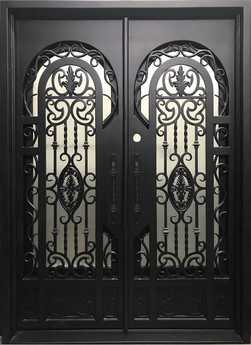 BERGENIA- square top exterior double panel iron doors, bug screens-72x96 Right Hand - Luxe Iron Doors 