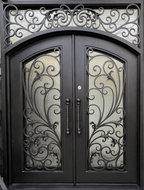 PARADISE-  Square top, Inside Arch, Transom, Front Entry Wrought Iron Doors, Bug Screens, Tempered glass,  72x96- Right Hand - Door Gate Depot