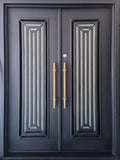 IVY -modern flat top, prehung, removable bug screen, front entry double wrought iron door- 72x96 Right Hand - Luxe Iron Doors 
