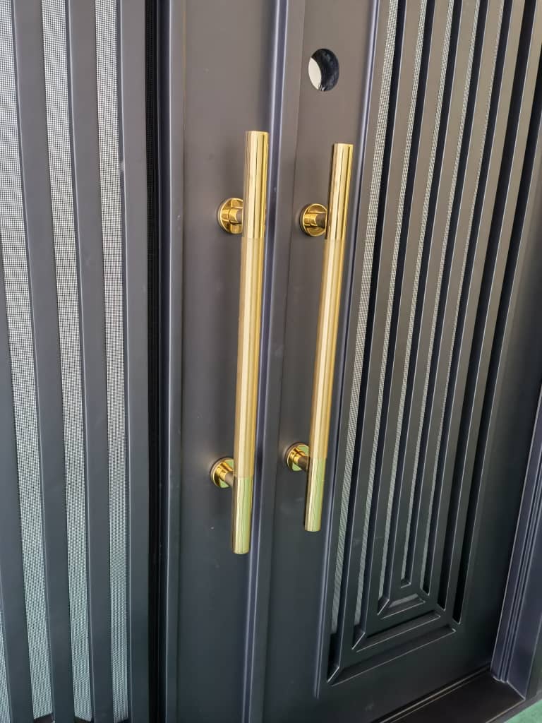 IVY -modern flat top, prehung, removable bug screen, front entry double wrought iron door- 72x96 Right Hand - Luxe Iron Doors 