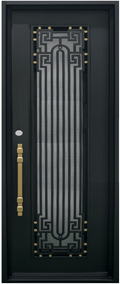 BEVERLY - Square top, frosted glass, wrought iron door, bug screens, 37x96 -Right Hand - Luxe Iron Doors 