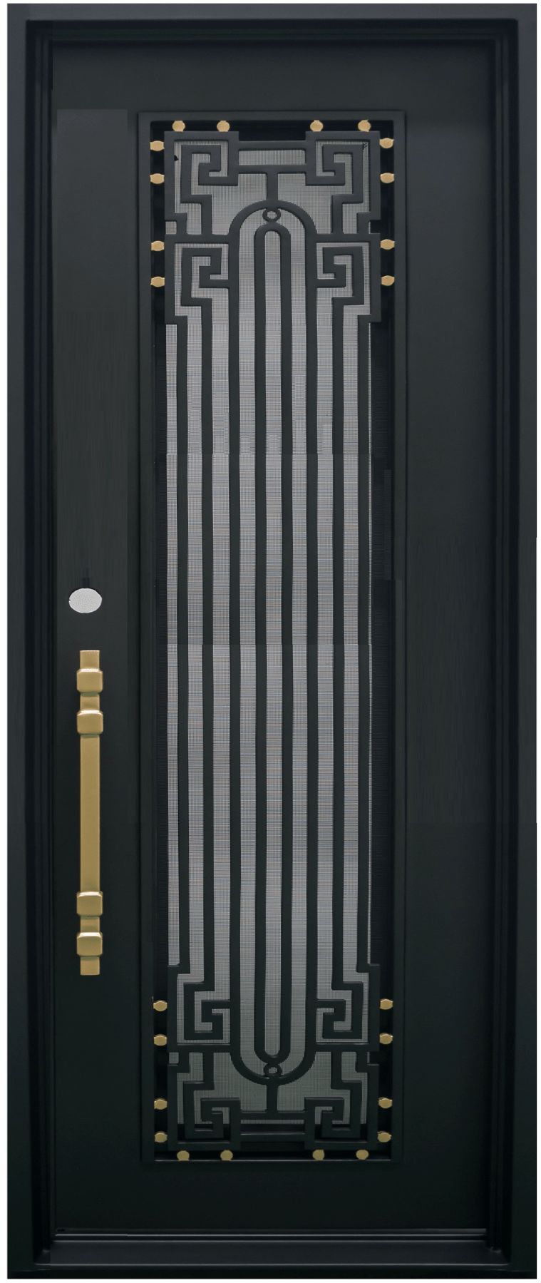 BEVERLY - Square top, frosted glass, wrought iron door, bug screens, 37x96 -Right Hand - Luxe Iron Doors 