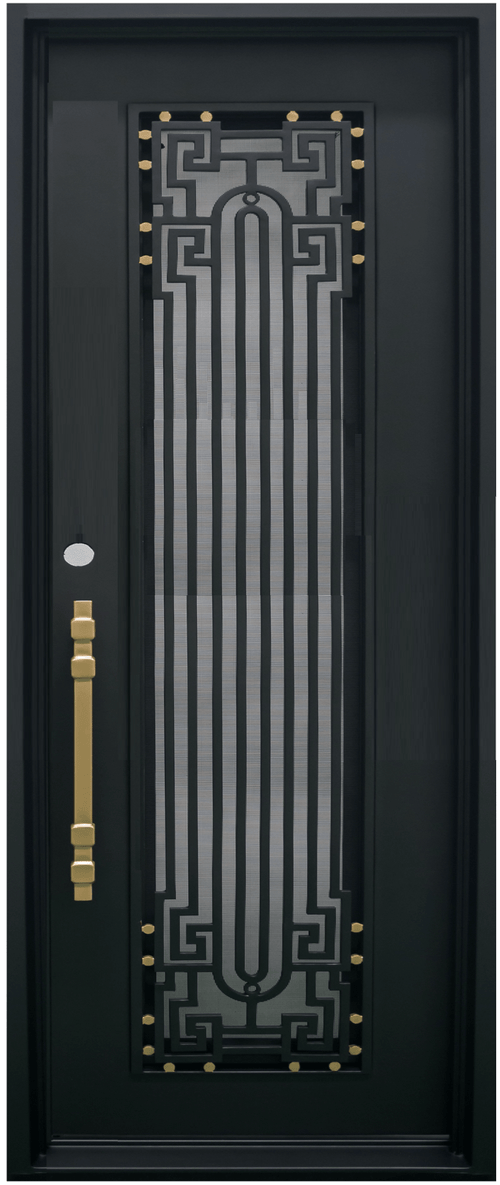 BEVERLY - Square top, frosted glass, wrought iron door, bug screens, 37x96 -Right Hand - Luxe Iron Doors 
