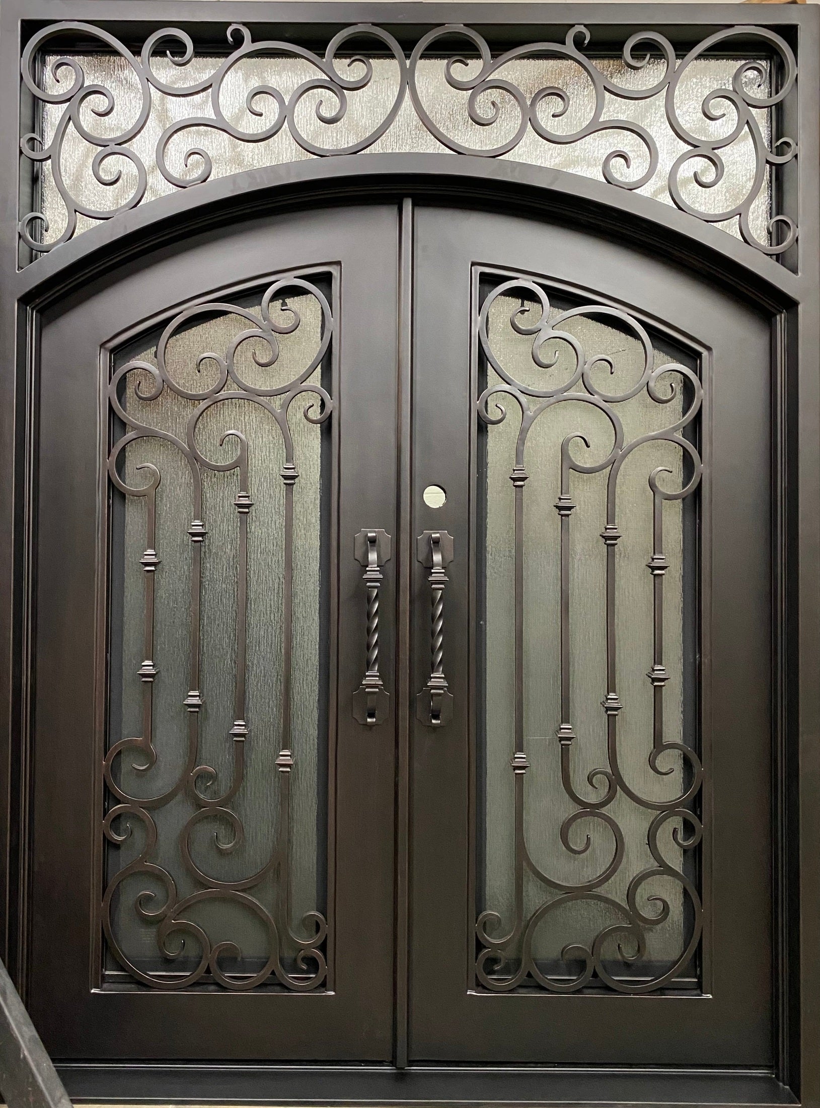 DAPHNE -Flat top inside arch with transom,double tempered insulated glass, removable bug screen, wrought iron doors-72x96 Right Hand - LUXE