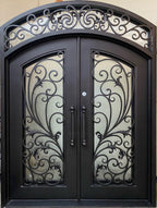 PARADISE- Double Arch Top, Transom, Front Entry Wrought Iron Doors, Bug Screens, Tempered glass,  72x96- Right Hand - Door Gate Depot