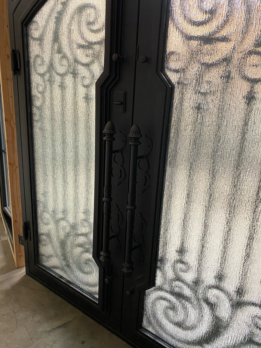 WISTERIA-Flat top arch inside , attached transom, double tempered glass, wrought iron doors , 62 x96- Right Hand - Door Gate Depot