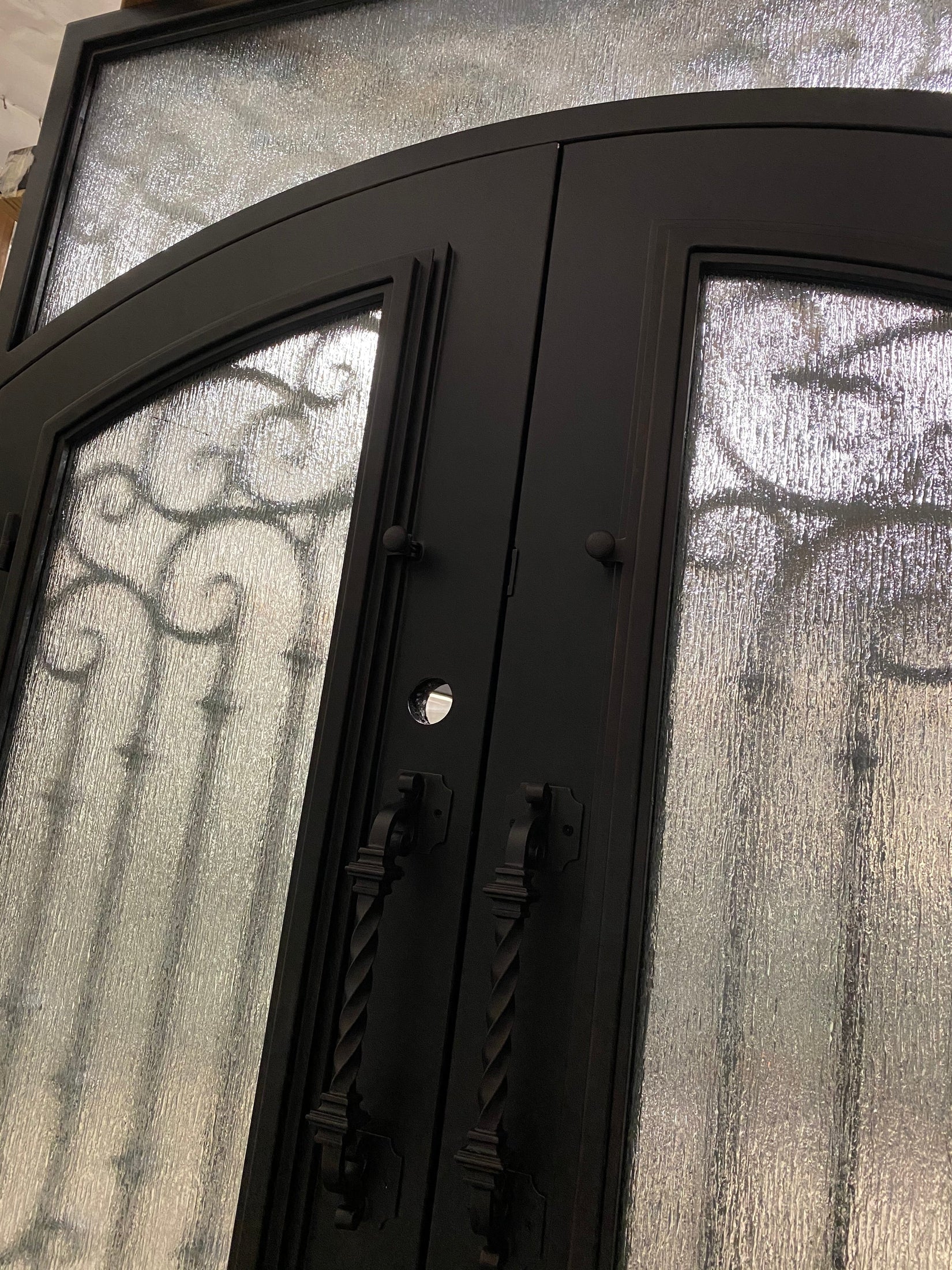 DAPHNE -Flat top inside arch with transom,double tempered insulated glass, removable bug screen, wrought iron doors-72x96 Right Hand - Door Gate Depot