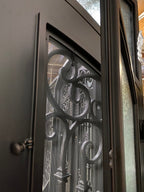 DAPHNE -Flat top inside arch with transom,double tempered insulated glass, removable bug screen, wrought iron doors-72x96 Right Hand - Door Gate Depot