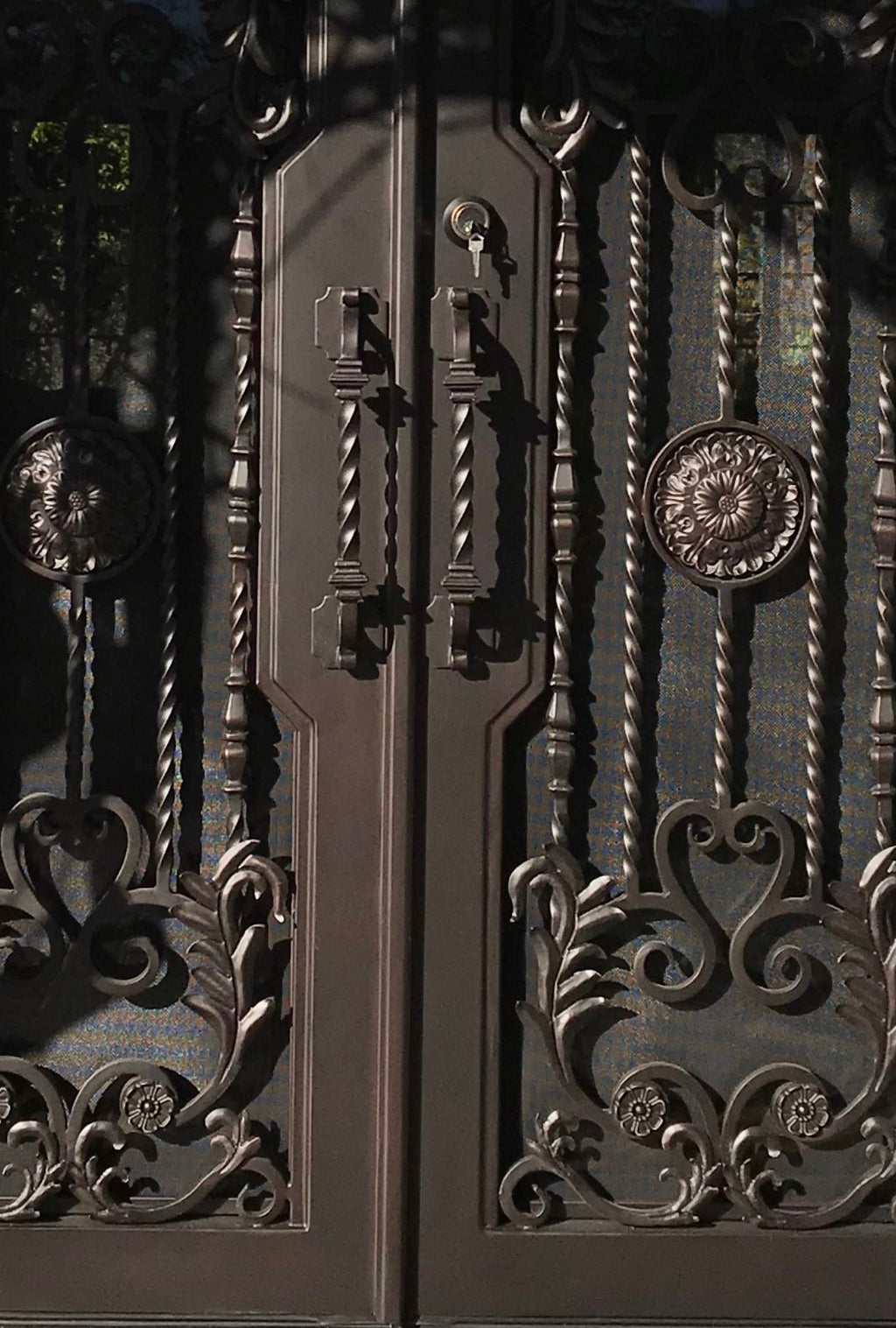 BELLADONNA- square top , inside arch, transom, bug screens, wrought iron doors- 72x96 Right Hand - Door Gate Depot