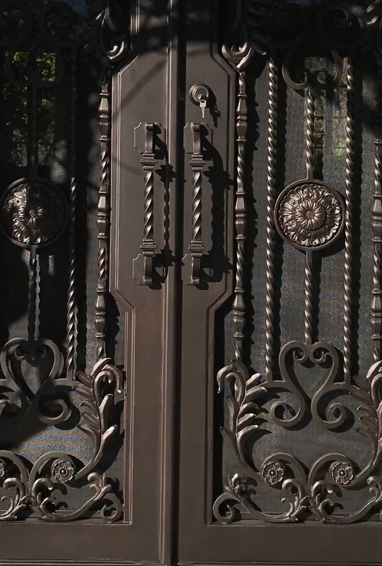 BELLADONNA- square top , inside arch, transom, bug screens, wrought iron doors- 72x96 Right Hand - Door Gate Depot