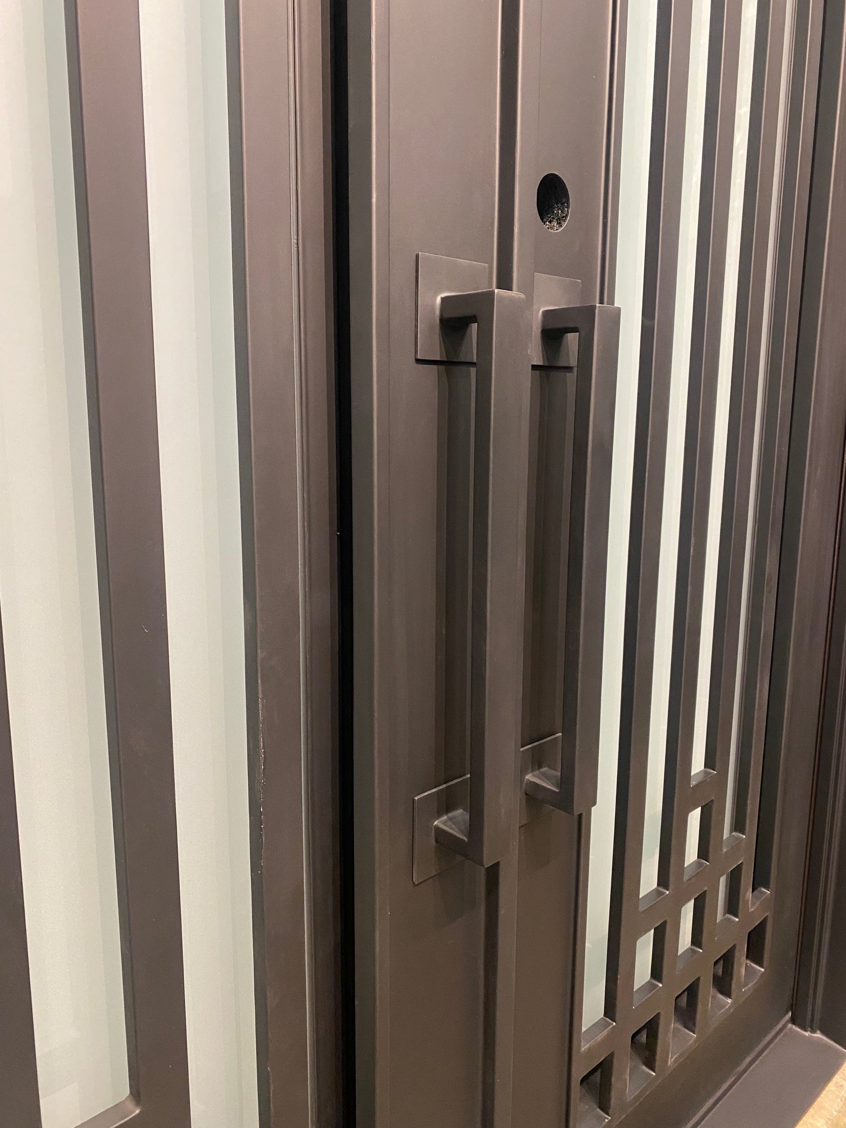 OLIVE-  square top, modern design, bug screens, wrought iron doors-72X96 Right Hand - Luxe Iron Doors 