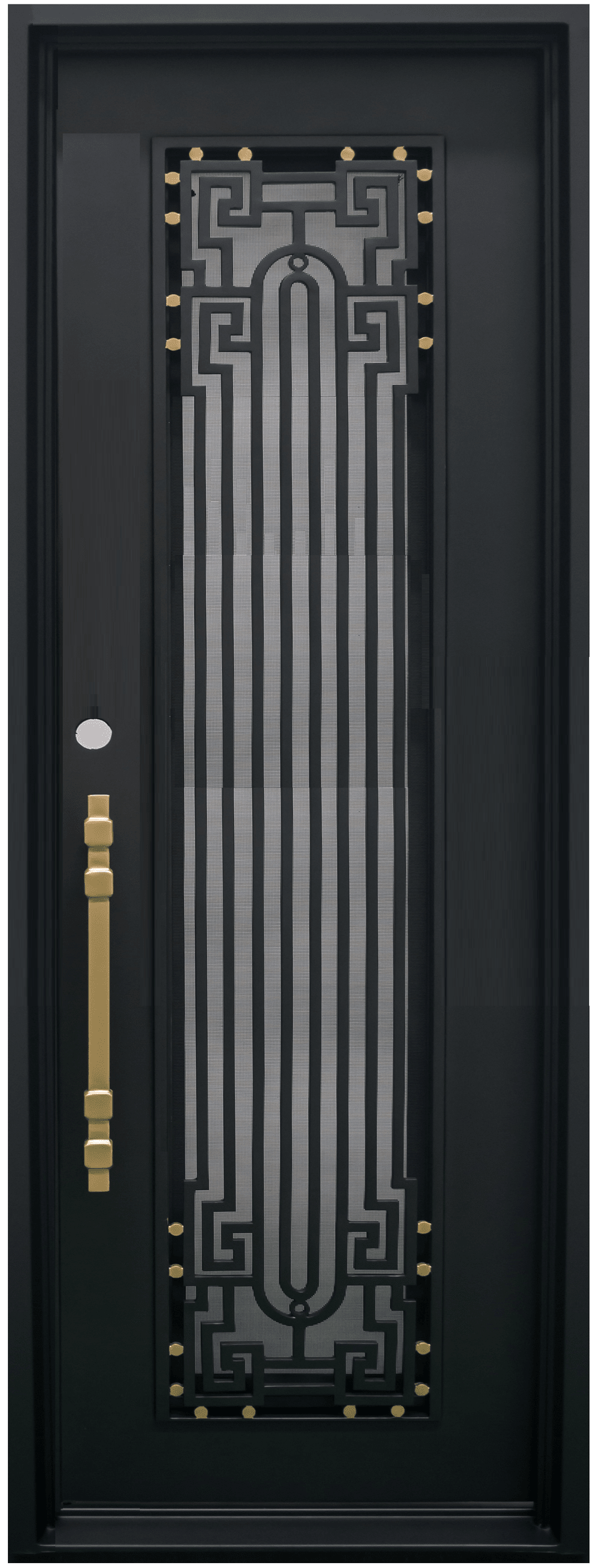 BEVERLY - Square top, frosted glass, wrought iron door, bug screens, 37x96 -Right Hand - Luxe Iron Doors 