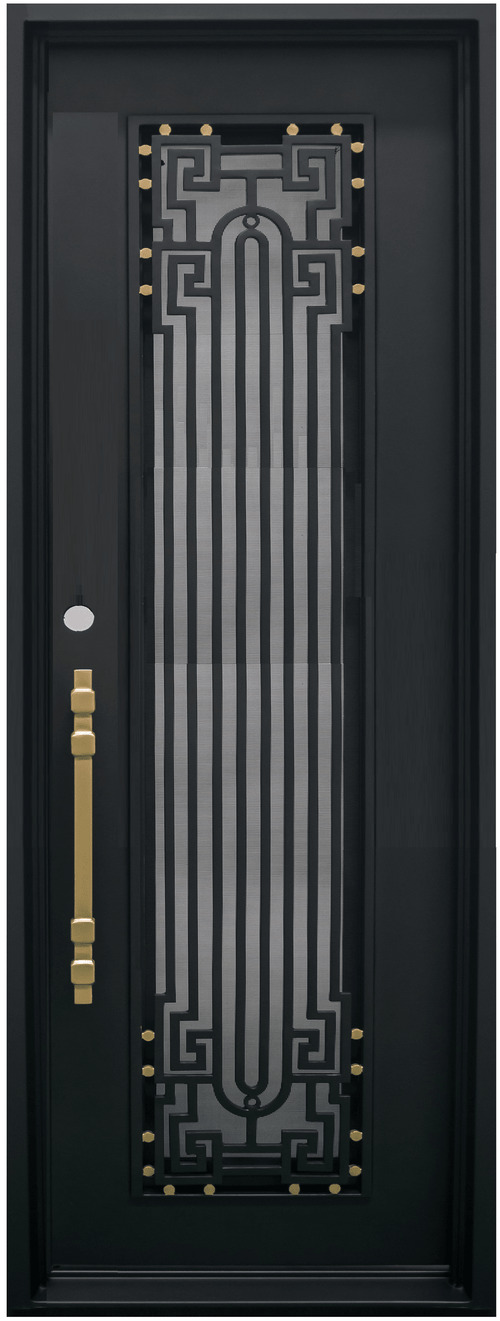 BEVERLY - Square top, frosted glass, wrought iron door, bug screens, 37x96 -Right Hand - Luxe Iron Doors 
