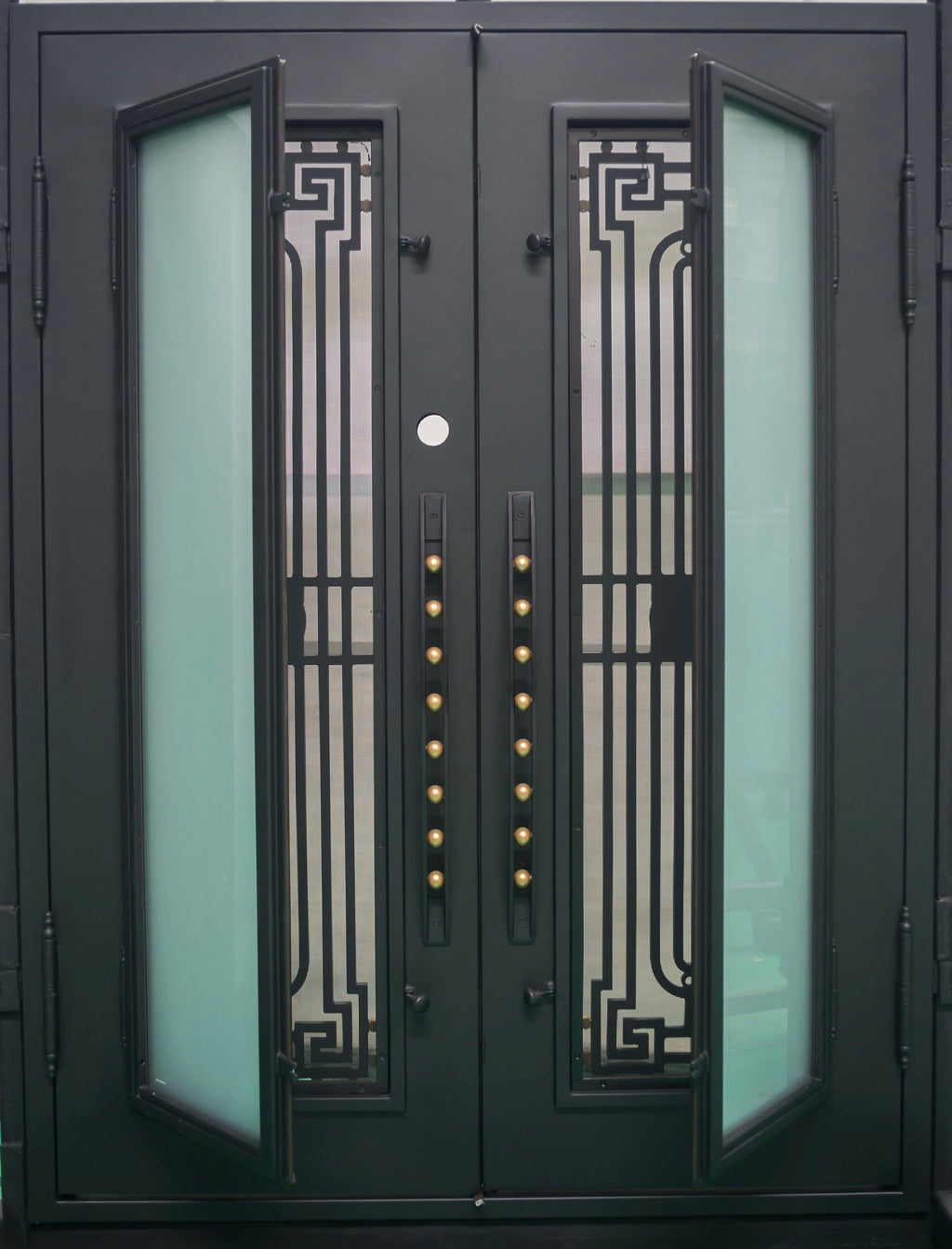 glass and iron double front doors