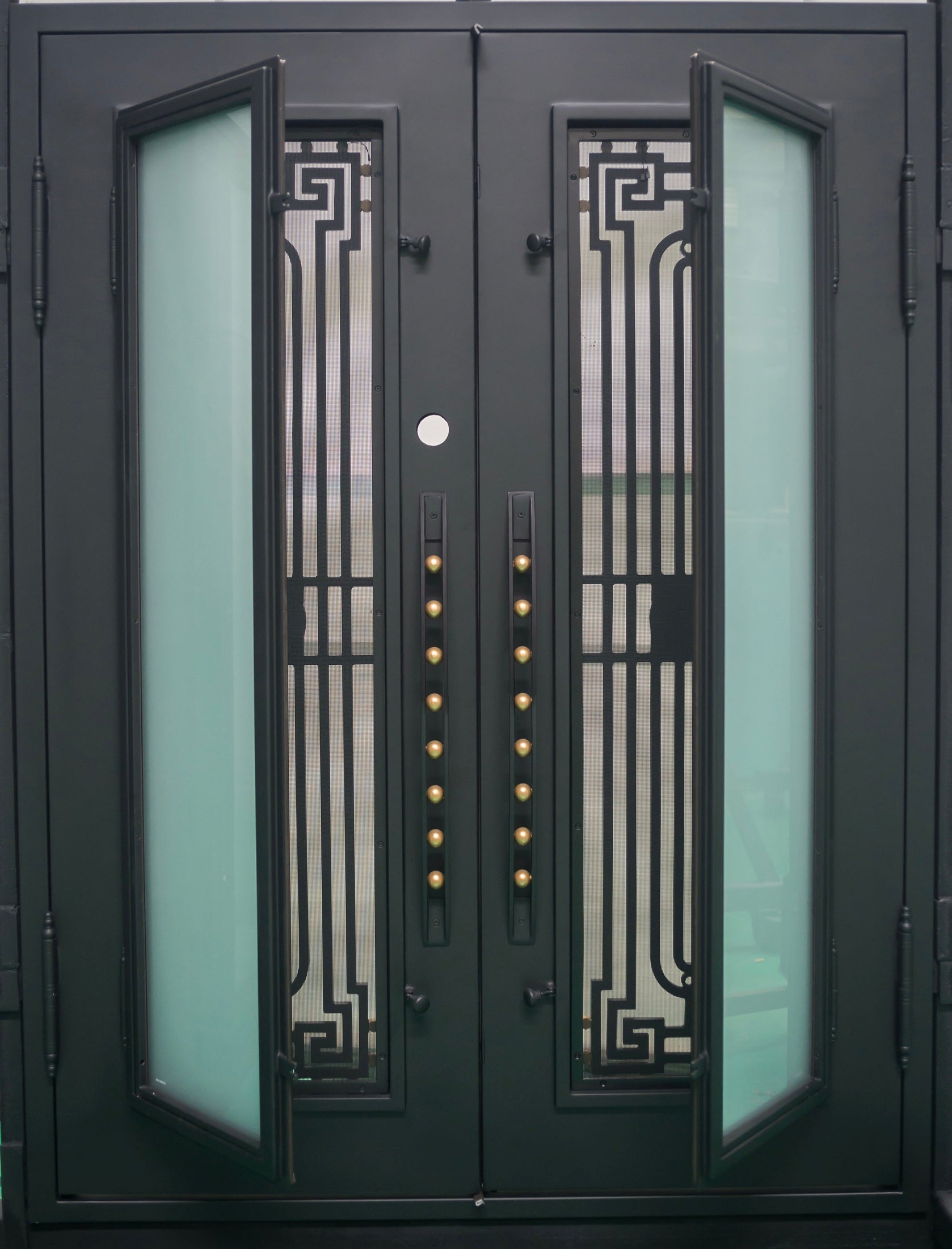 glass and iron double front doors