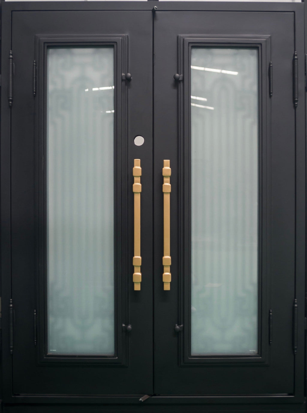 BEVERLY - Square top, frosted glass, wrought iron door, bug screens, 72x96-Right Hand - Luxe Iron Doors 