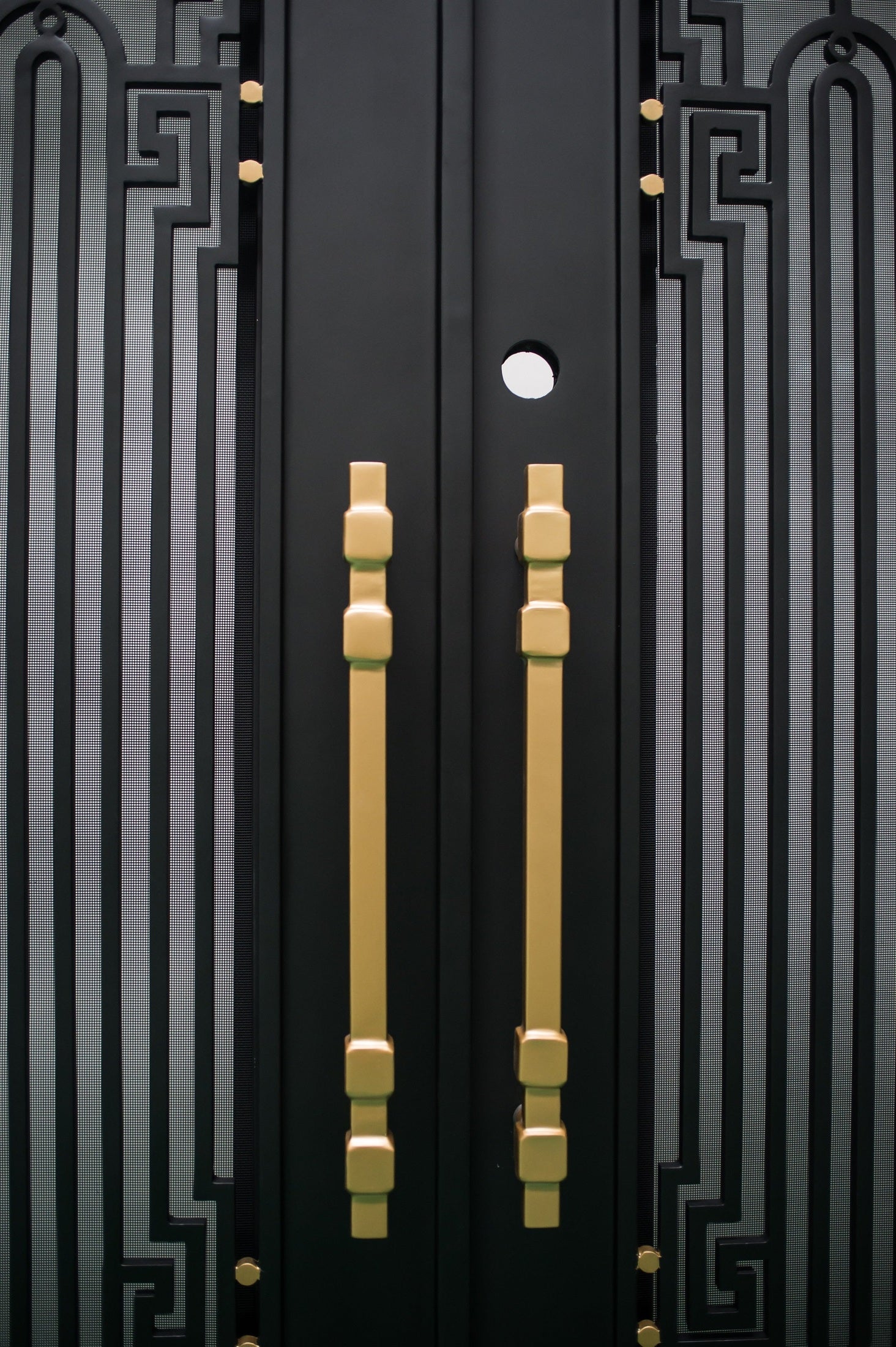 BEVERLY - Square top, frosted glass, wrought iron door, bug screens, 72x96-Right Hand - Luxe Iron Doors 