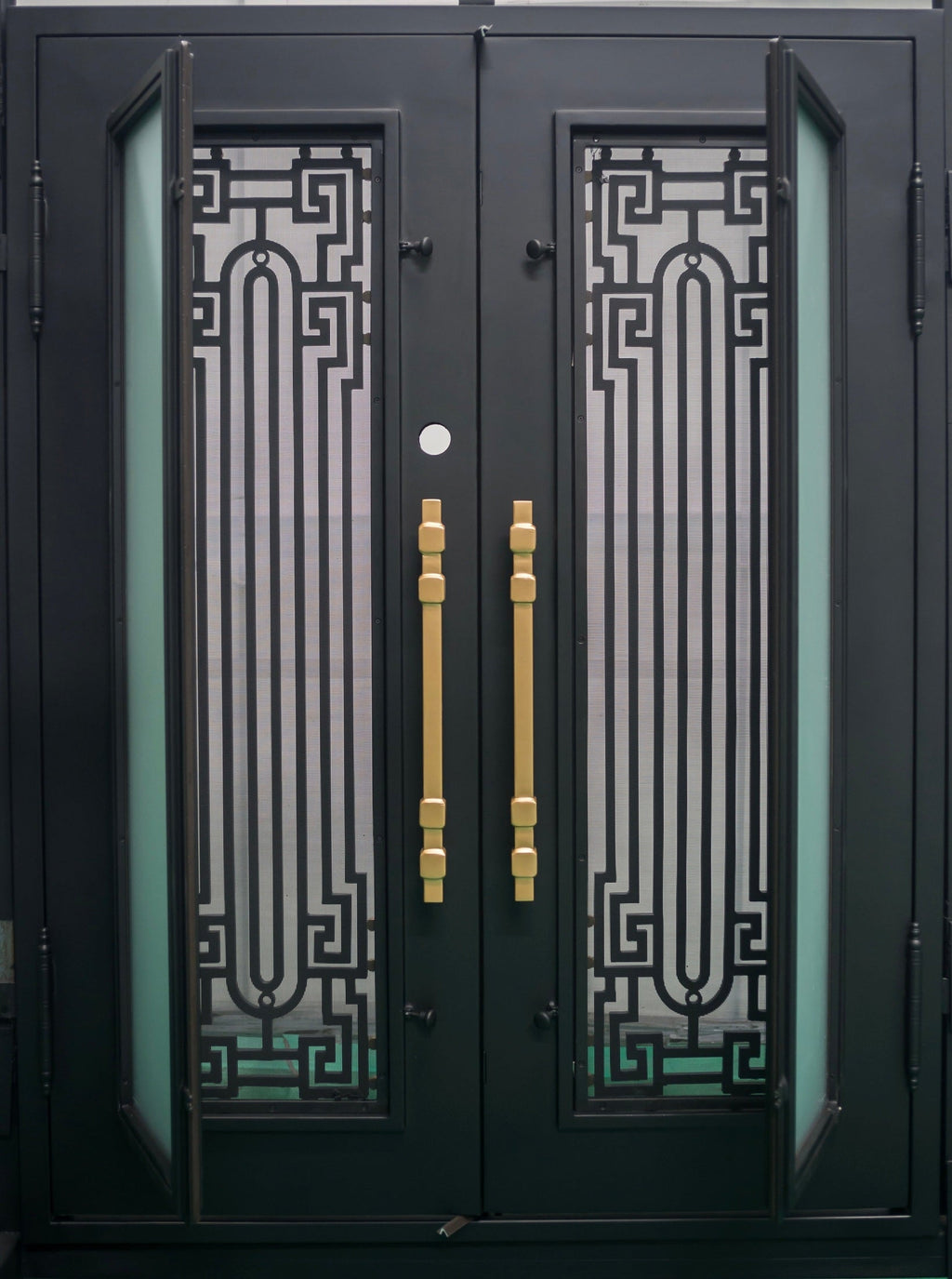 BEVERLY - Square top, frosted glass, wrought iron door, bug screens, 72x96-Right Hand - Luxe Iron Doors 