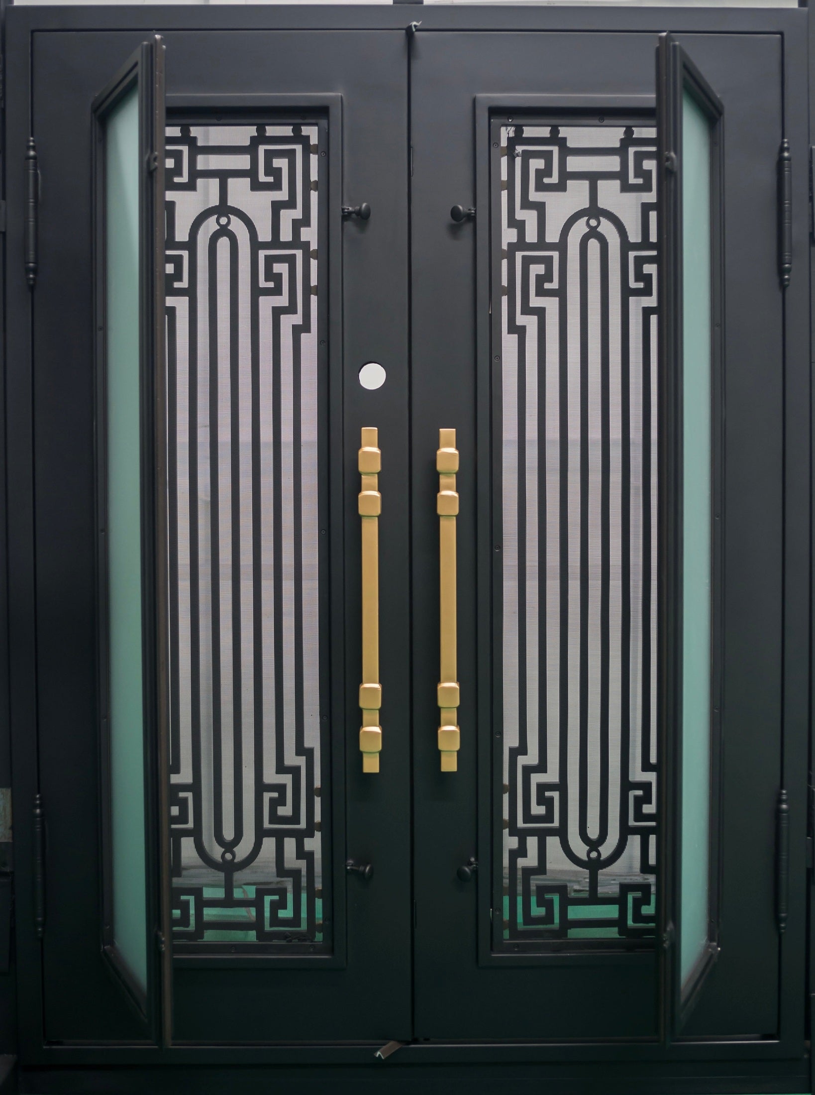 BEVERLY - Square top, frosted glass, wrought iron door, bug screens, 72x96-Right Hand - Luxe Iron Doors 