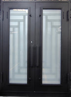 IRIS- Flat top, modern front exterior double wrought iron doors, bug screens-72X96, Right Hand - Luxe Iron Doors 