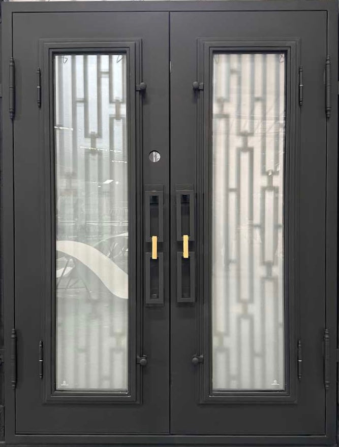 DIAMOND modern double entry, wrought iron doors,removable bug screen -72x96 Right Hand - Luxe Iron Doors 