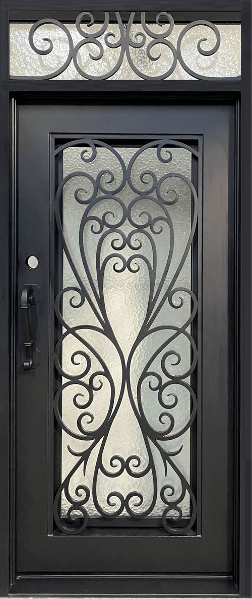 AZALEA - Single Door with transom, pre-hung, bug screen, wrought iron door, 38 x 96.5 -Right Hand - Luxe Iron Doors 