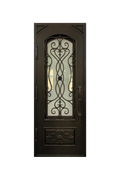 Seville wrought iron door with arched top and intricate scrollwork detailing"