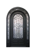 Vita Arcata arched iron front door with intricate scrollwork and black powder-coated finish