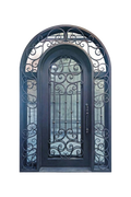 Granada Arabesque wrought iron front door with symmetrical floral scrollwork and black finish