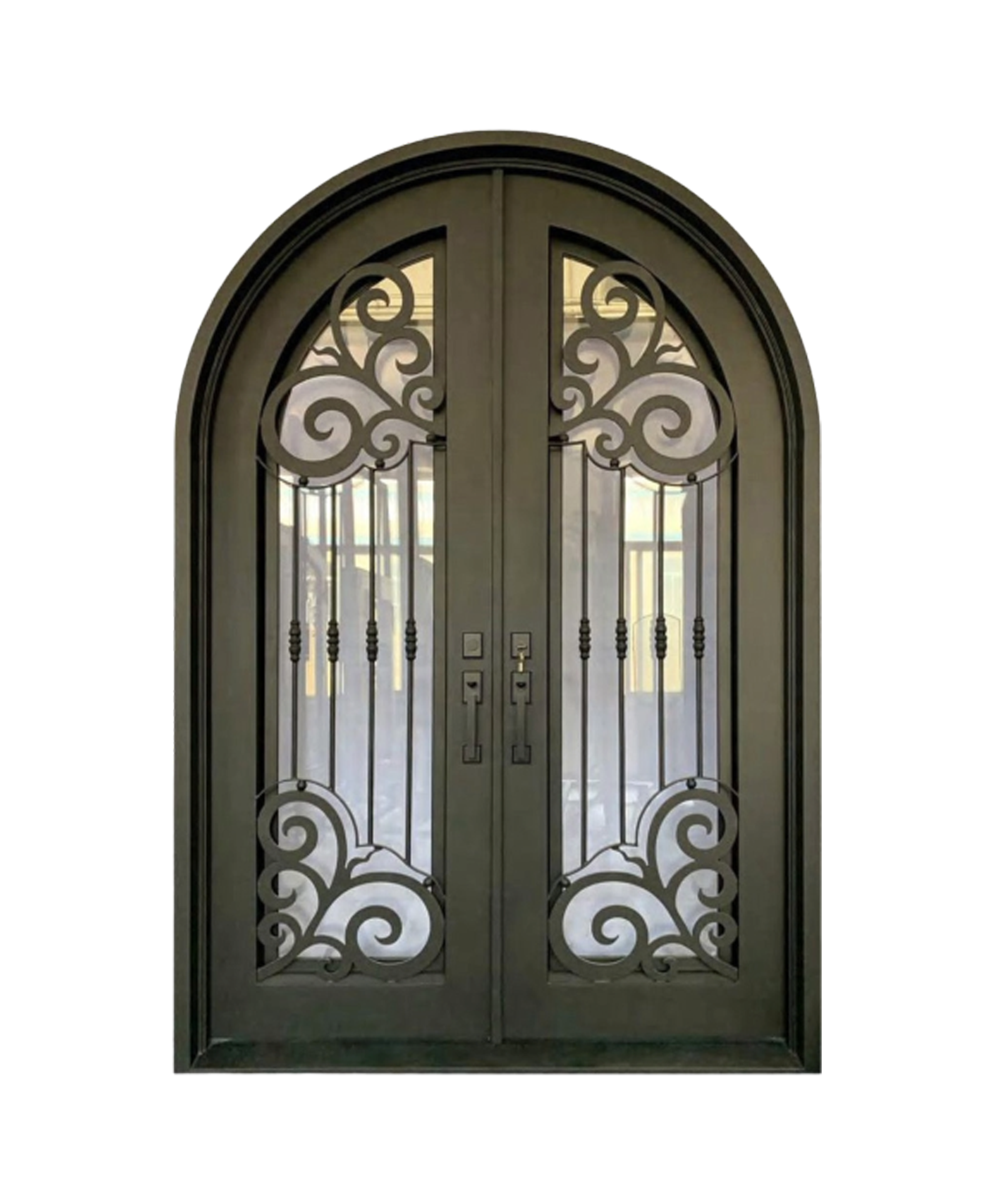 Caged Moth Arched Iron Double Front Door