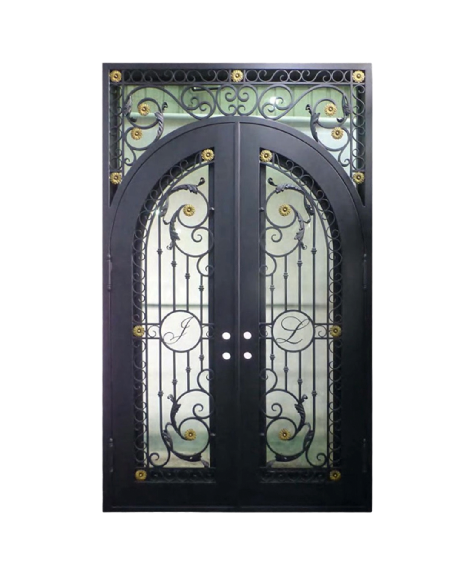 Gilded Initial Archway Iron Double Front Door