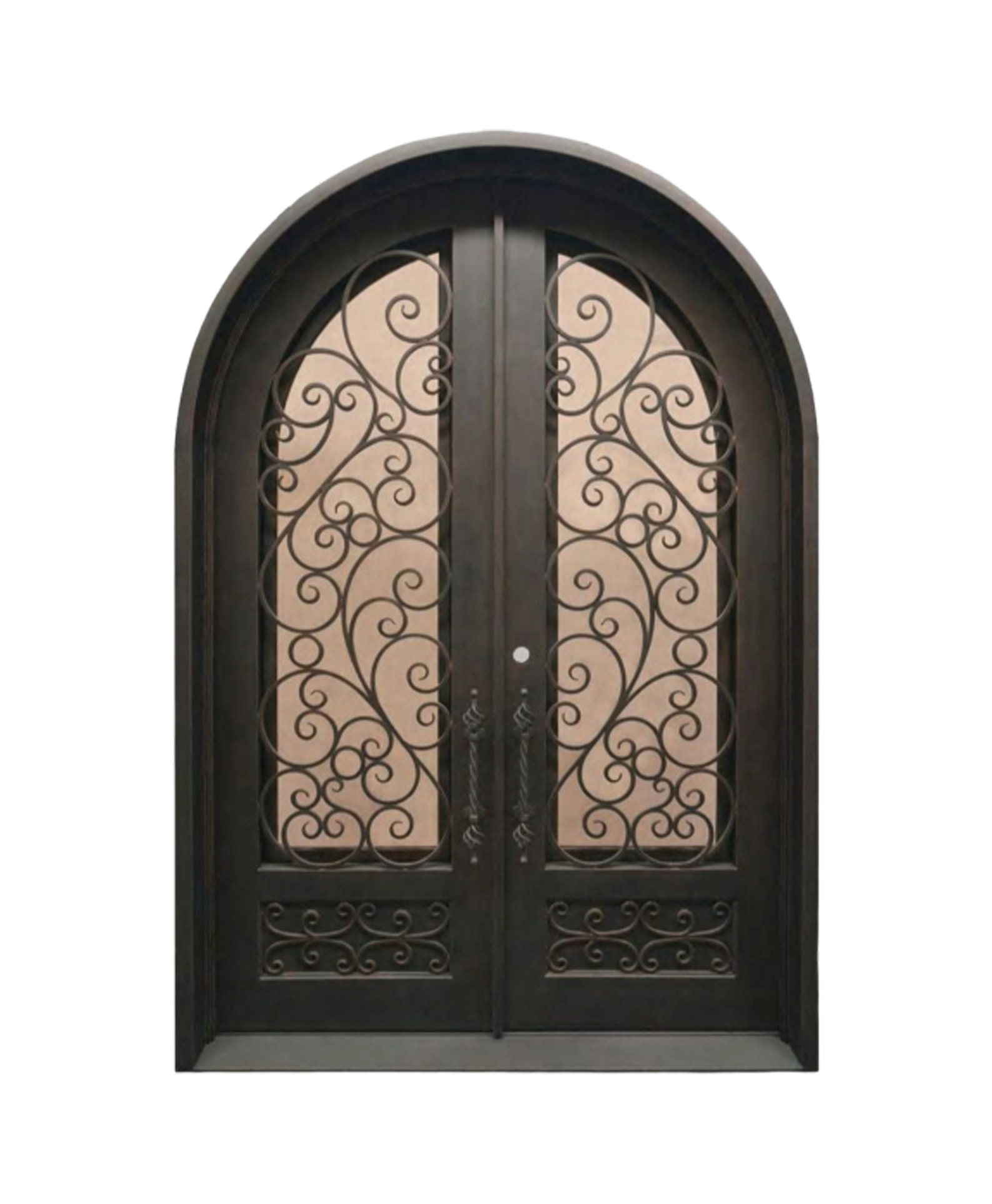 Veiled Arch Iron Double Front Door
