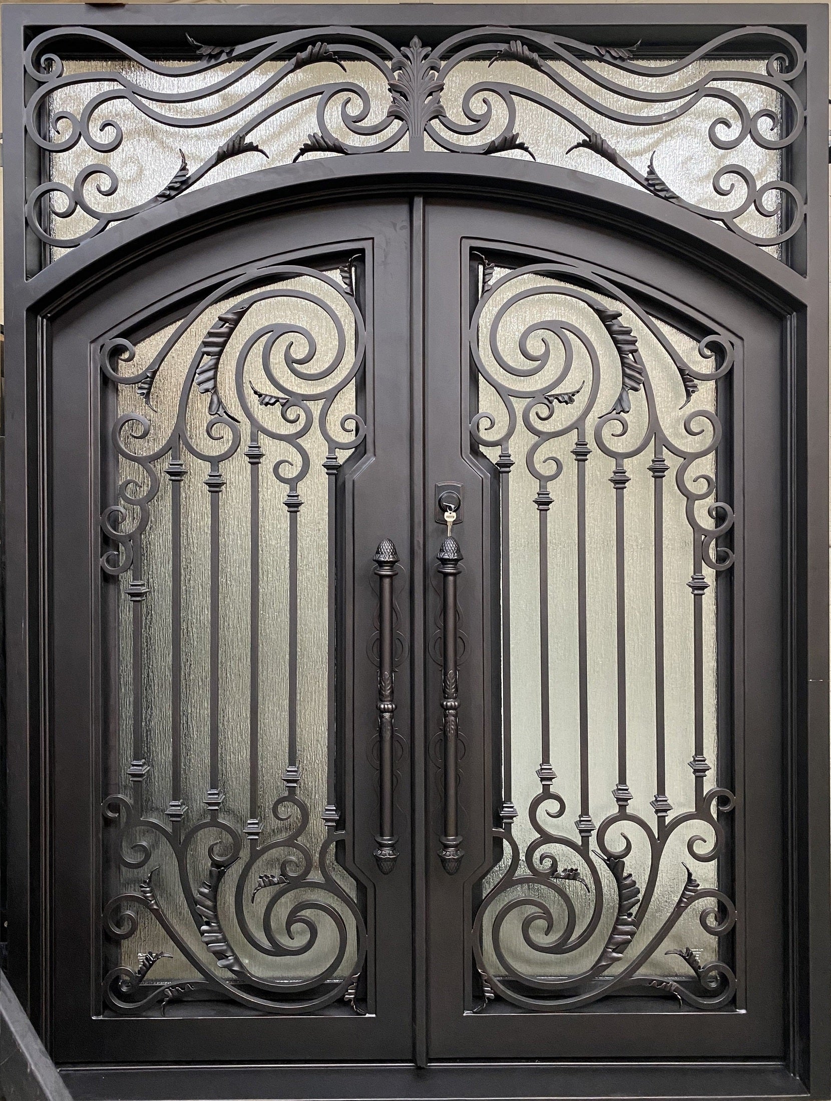 WISTERIA-Flat top transom with arch inside, double tempered glass, wrought iron doors , 72 x96- Right Hand - Luxe Iron Doors