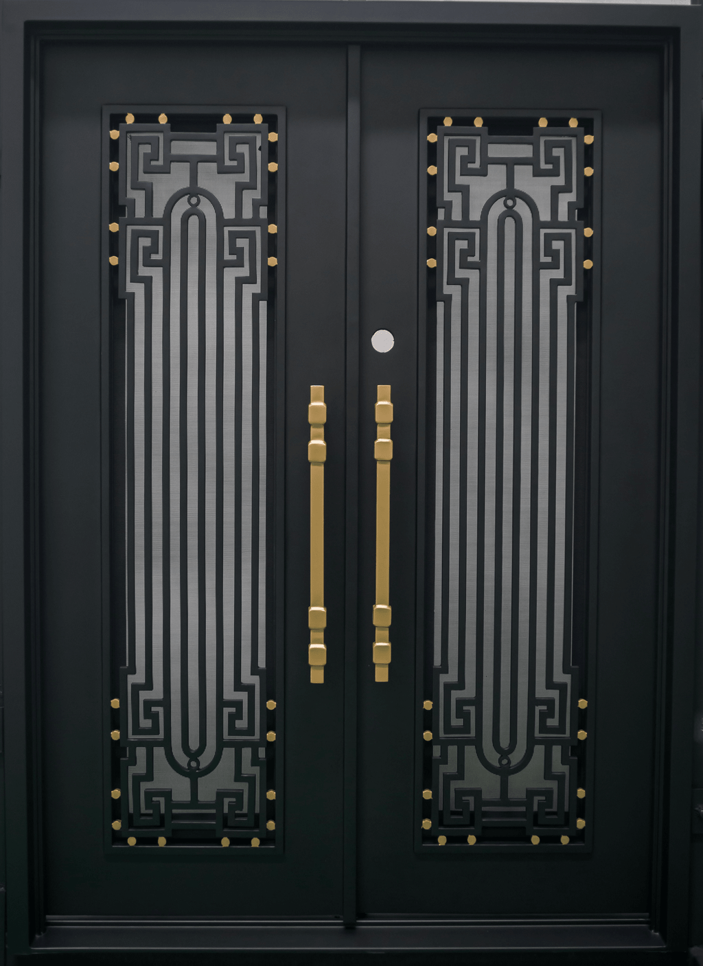BEVERLY - Square top, frosted glass, wrought iron door, bug screens, 72x96-Right Hand - Luxe Iron Doors 