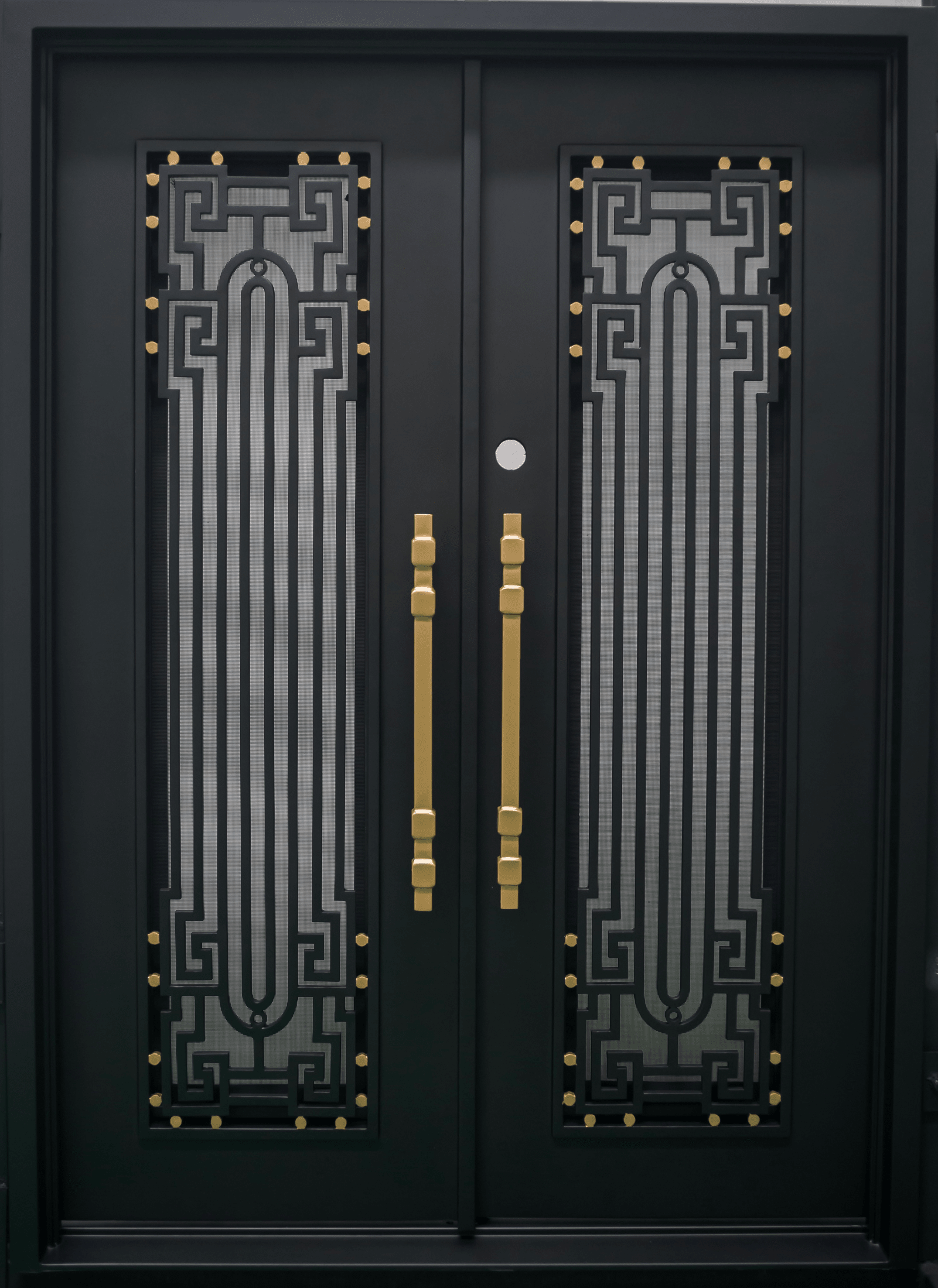 BEVERLY - Square top, frosted glass, wrought iron door, bug screens, 72x96-Right Hand - Luxe Iron Doors 